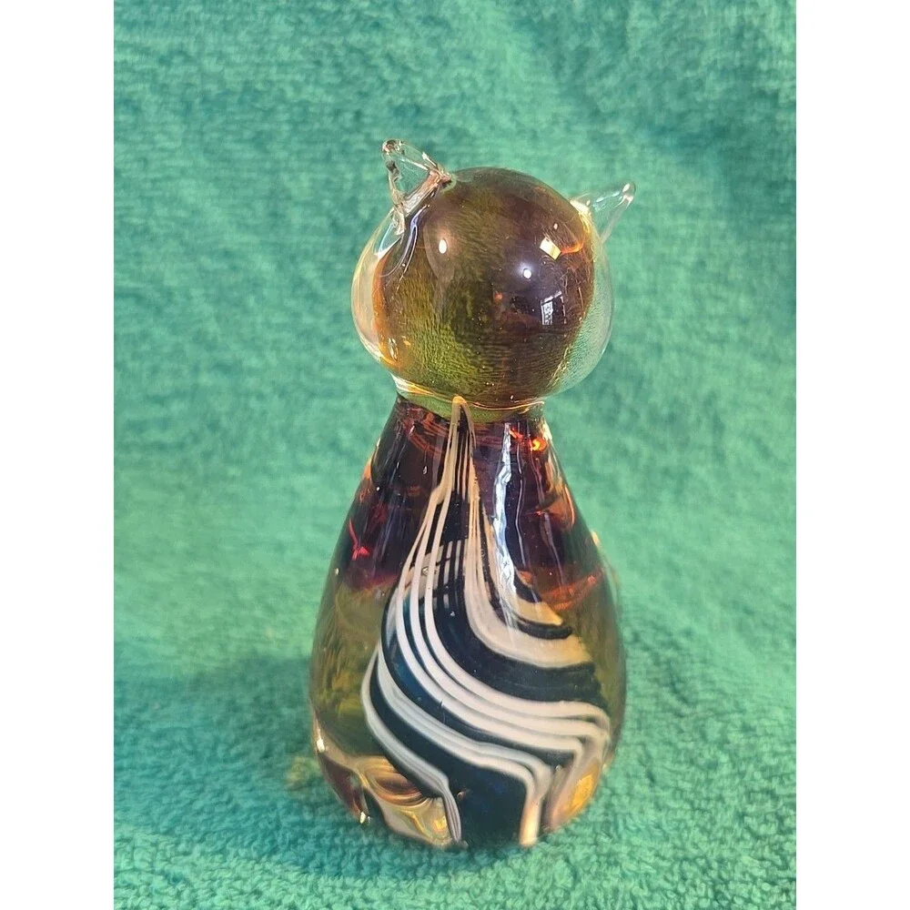 Murano Style Glass Cat Paperweight Amber w/ Blue White Swirl - Picture 4 of 7
